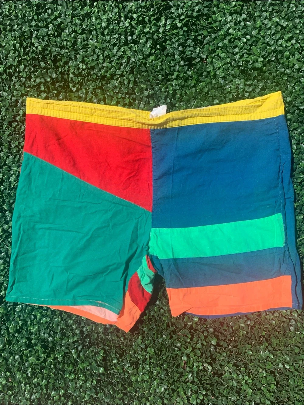 Vintage vibrant colorblock cotton swim trunks - needs elastic repair